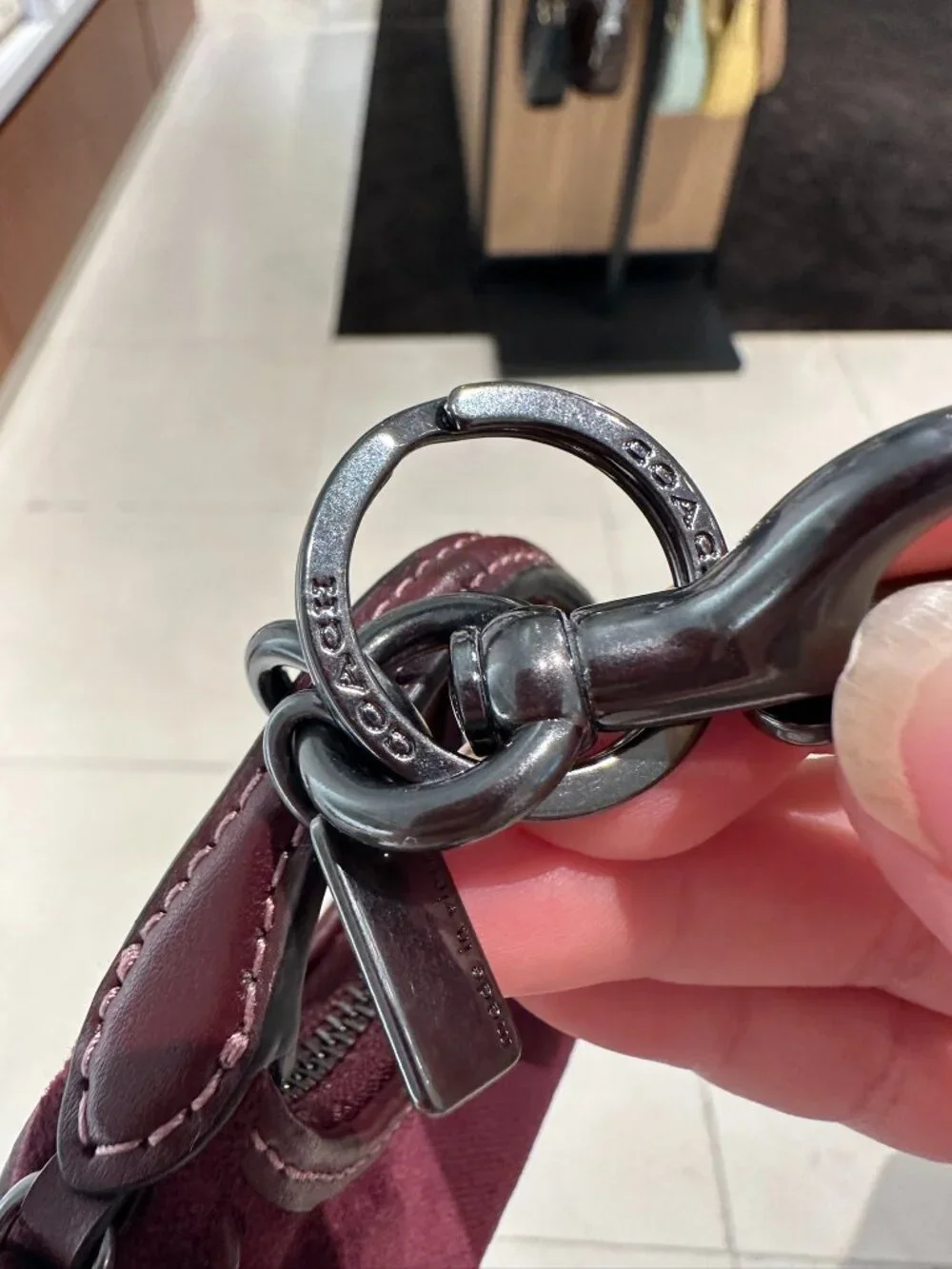 NWT! Coach CCF19 Mini Carmen Bag Charm Gunmetal/Burgundy Velvet/Smooth Leather - Picture 6 of 9
